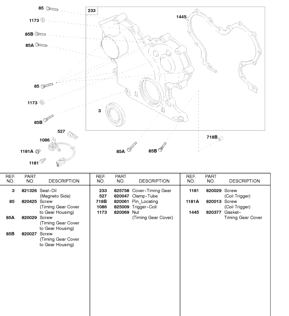 Timing Gear Cover, Coil Trigger Diagram and Parts List for 58A447-0234-XX  Briggs and Stratton Engine